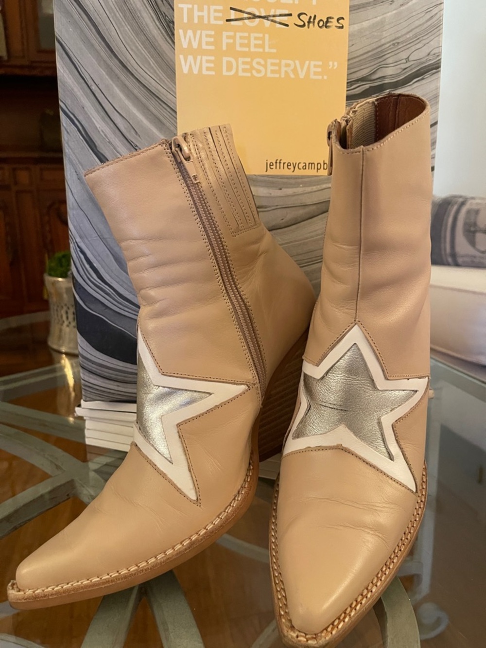 Jeffrey Campbell Beige Cow Leather Ankle Boots with Silver Star
